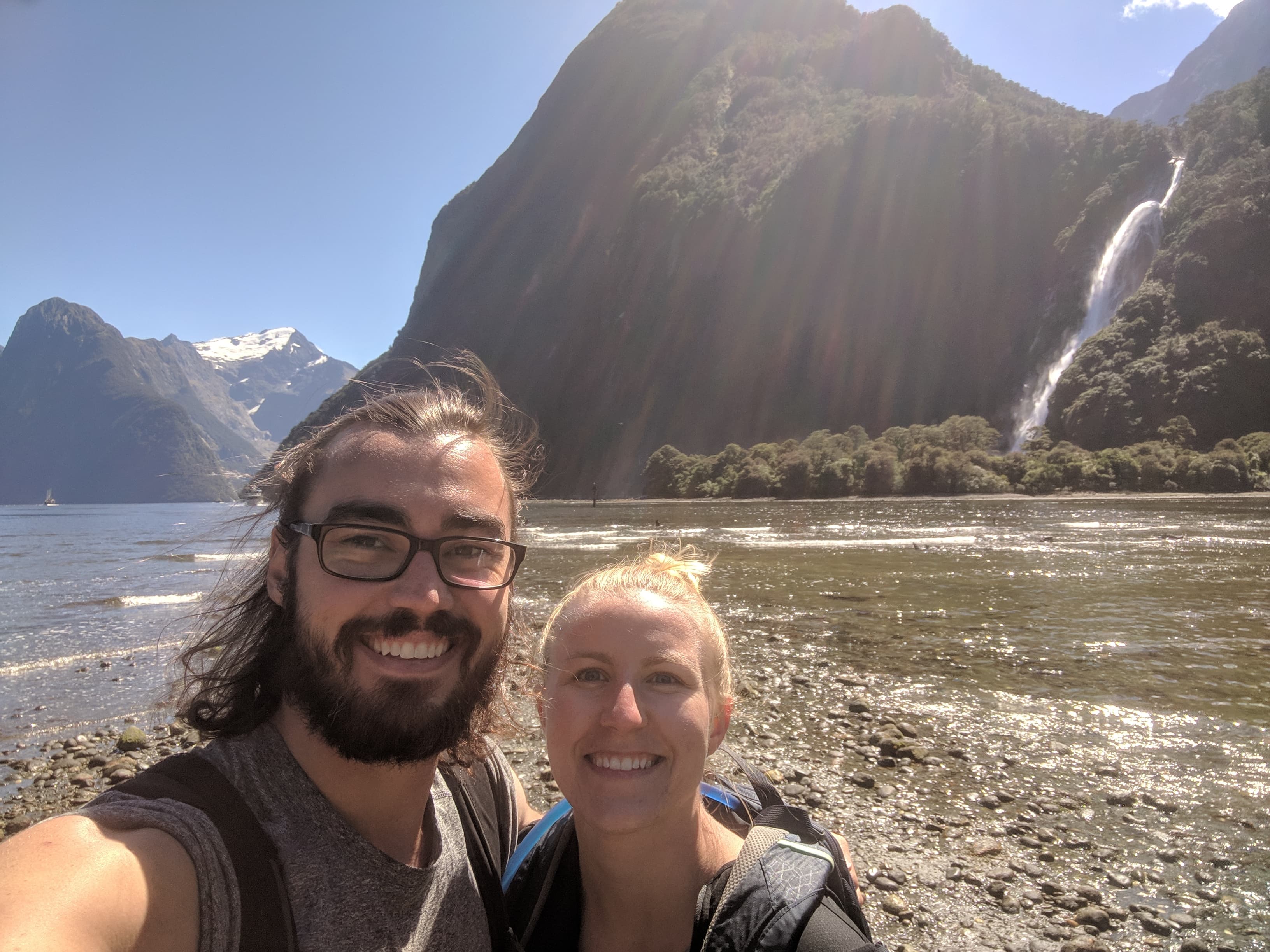 Gerrod and Lauren on the shores of Milford Sound