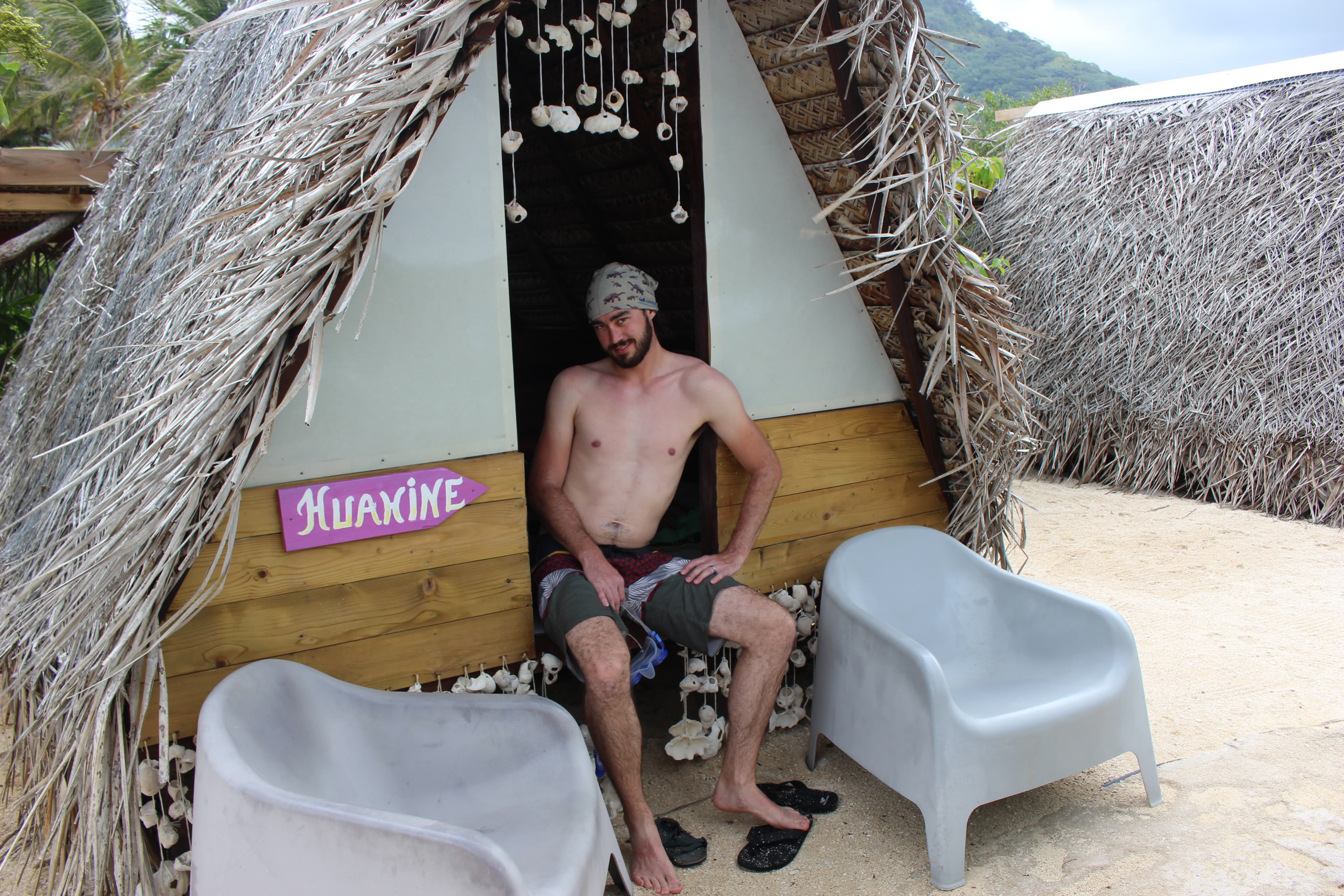 Gerrod enjoying the hut at Lagoonarium