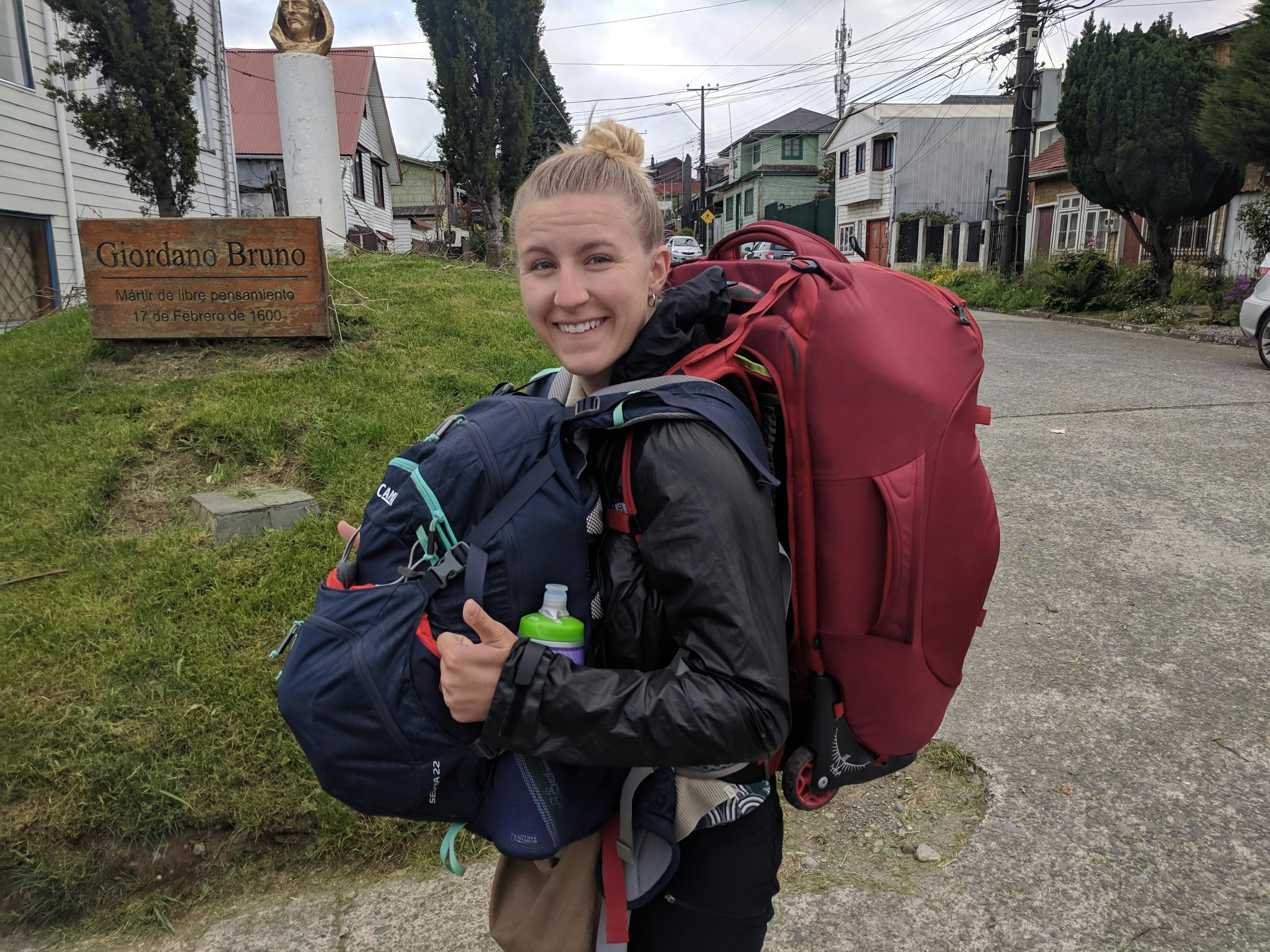 Lauren backpacking to the bus at Puerto Montt