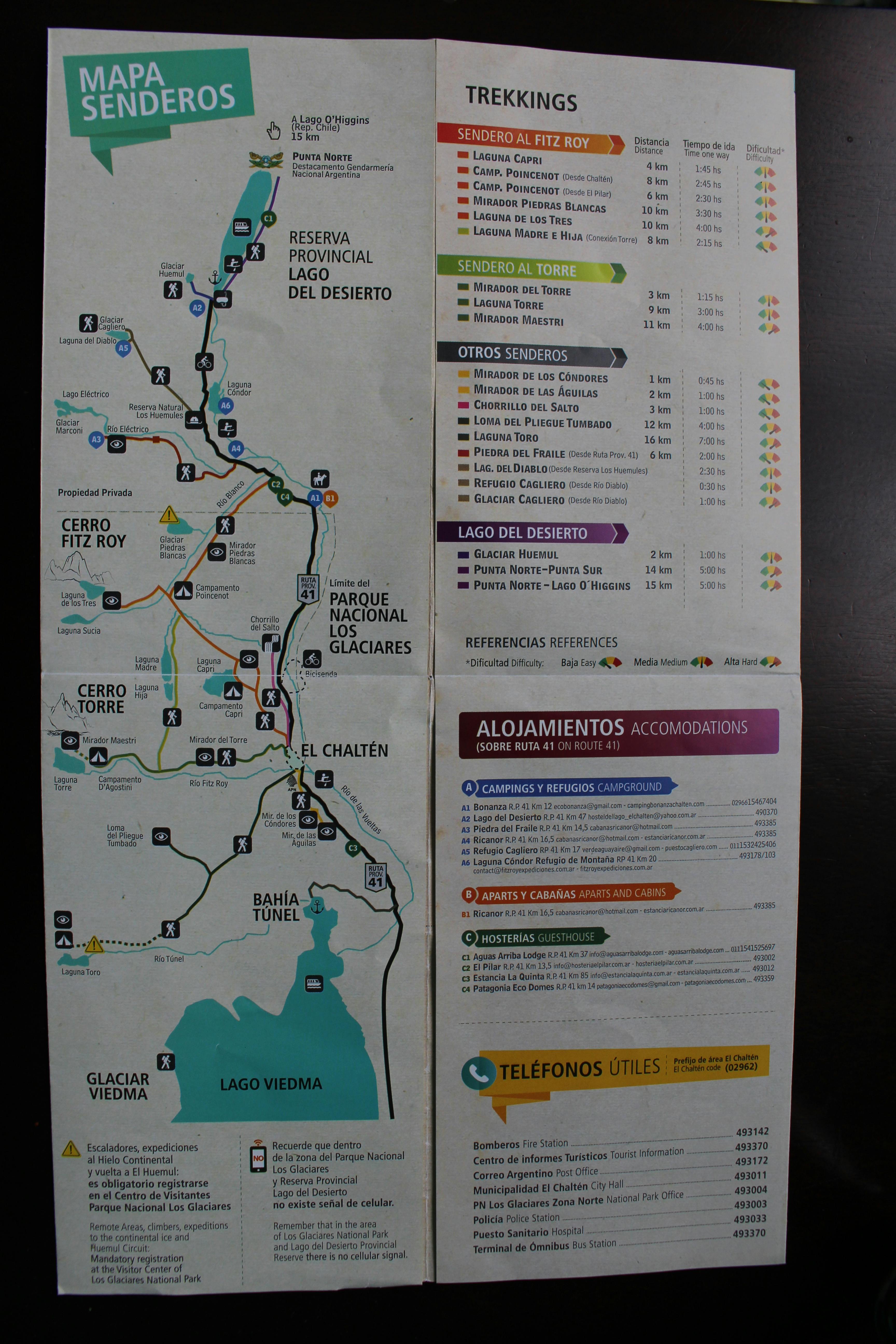 Map of hikes around Glaciers National Park of Argentina