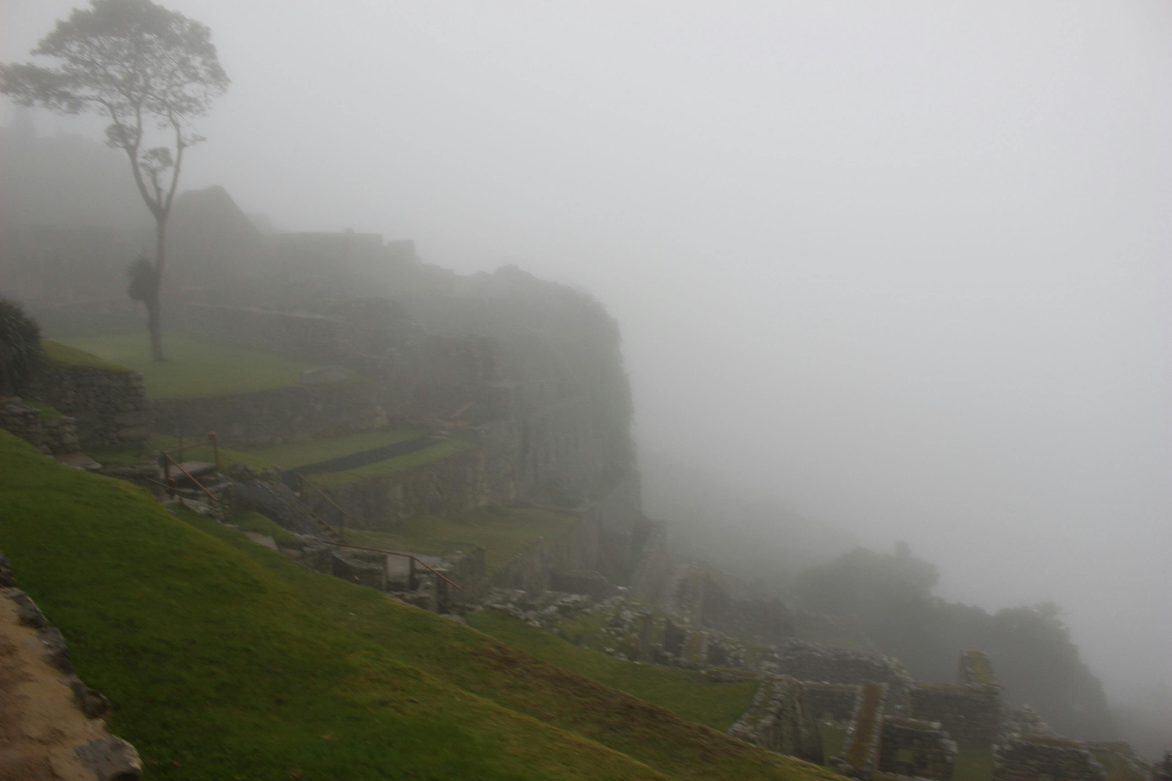 Very foggy view of Machu Picchu