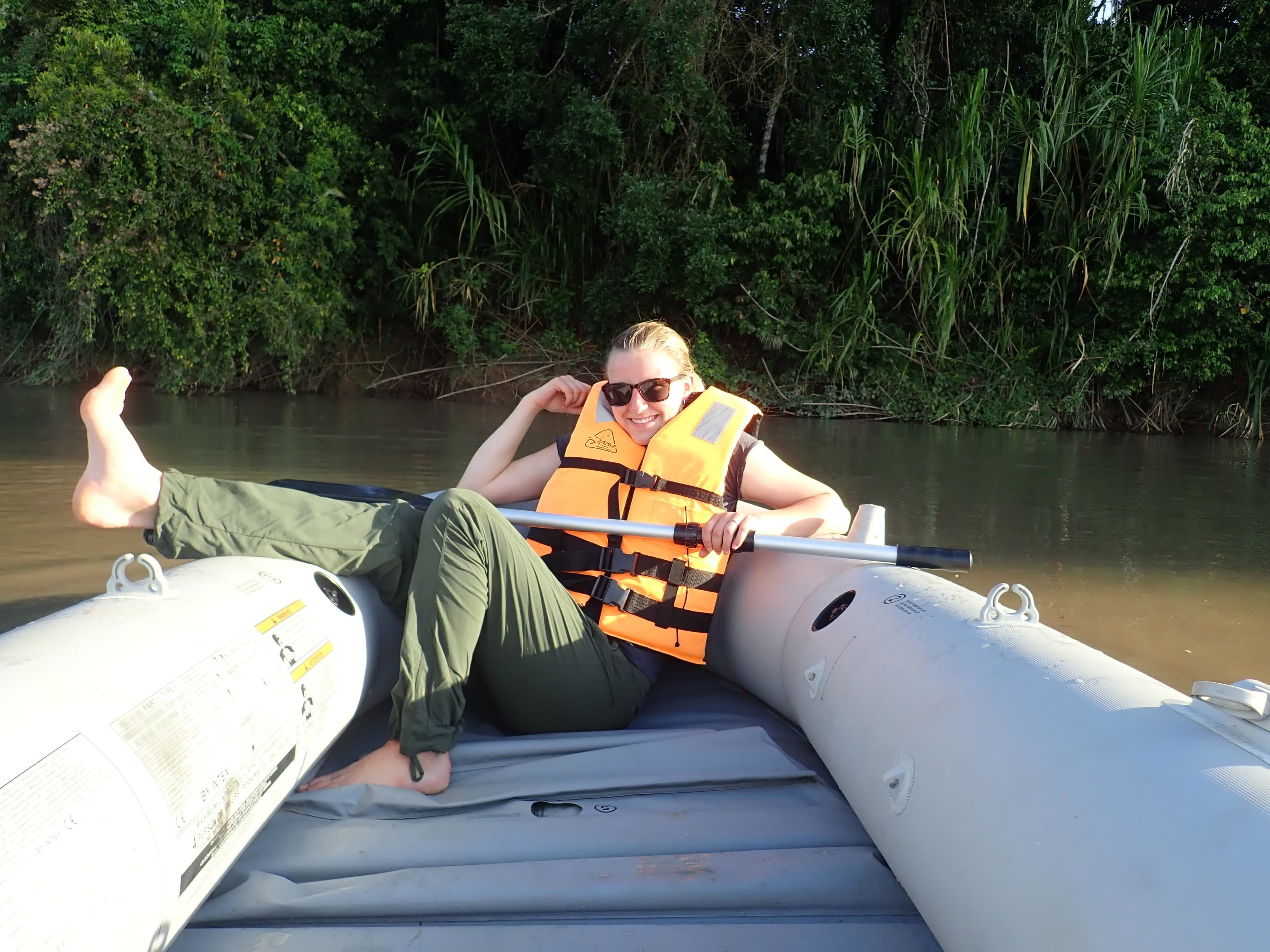 Lauren doing lots of work in the raft